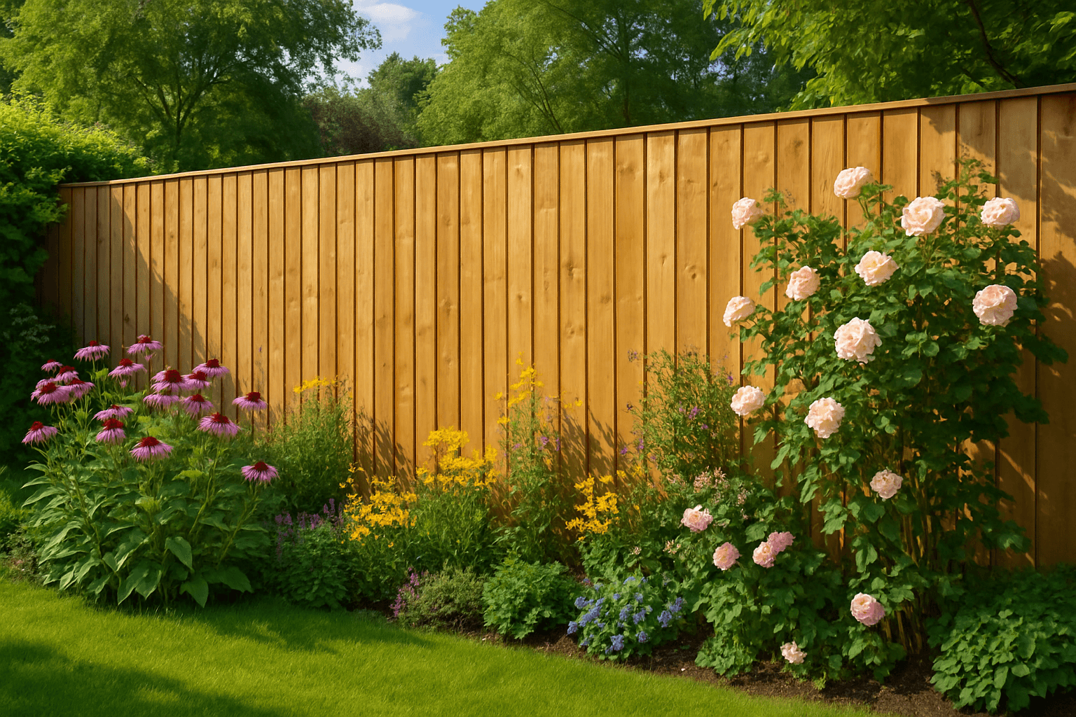 Beautiful wooden fence with garden flowers